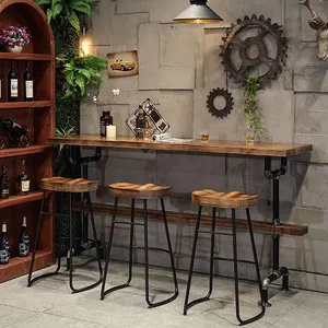 New Design Fashionable Long Industrial Style Vintage Wood Top With Metal Base Restaurant Kitchen High Bar Table