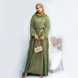 Hot Selling Ramadan Eid Fashion Linen Muslim 3 Pieces Abayas Robe Abaya Elegant Dubai Kimono Muslim Arab Islamic Clothing