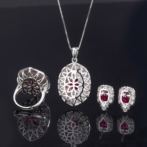 Wholesale Eco-friendly Copper 8*10MM Red Zircon Bridal 2 Tone <b>Earrings</b> and Necklace Ring Jewelry <b>Sets</b> for Wedding - Product Image 6