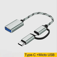 Kabel Adaptor USB C OTG 2 in 1 Metal Braided Micro USB Type C Type-C 3.1 Male ke USB 3.0 2.0 Female, Konektor Sinkronisasi Data