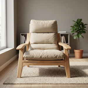 Modern Scandinavian Reclining Lounge Chair Wood Frame <b>Beige</b> <b>Cushion</b> Living Room Furniture - Product Image 1