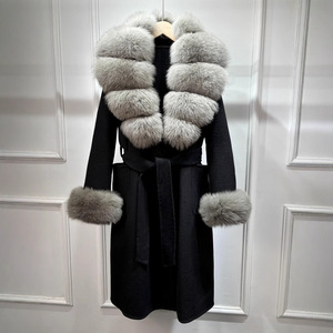 <span class=keywords><strong>Veste</strong></span> d'hiver <span class=keywords><strong>longue</strong></span> en <span class=keywords><strong>laine</strong></span> mélangée pour femmes Col et poignets en fourrure de renard naturel Manteau en cachemire ceinturé Manteau décontracté - Product Image 4