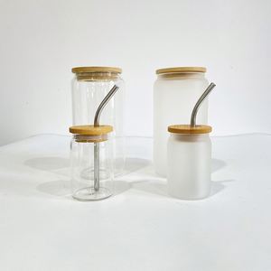 3.5Oz Mini Clear Frosted Glass Can Bamboo Lids With Stainless Steel <b>Straws</b> - Product Image 2