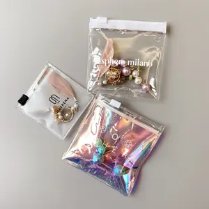 Luxe Glanzend Pvc Hologram 8X8Cm Plastic Rits Tas Met Logo Print Sieraden Earring Ketting Armband Opslag Verpakking pouch