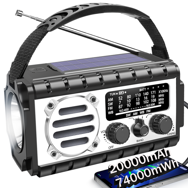 SW NOAA Emergency Weather Kit LED Flashlight 20000mah Rechargeable Battery Hand Crank Solar Powered Internet Radio for Home Use
