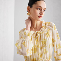 Robe longue élégante en soie de mûrier pour femme, imprimé vintage, col bateau, manches longues, taille ample, coupe trapèze, été 2026