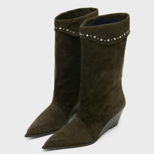 Women's Diamonds High Wedge Heels Ankles <b>Boots</b> Wide Top on Shoes Pointed Toe Suede Pleated Short Booties - Product Image 3