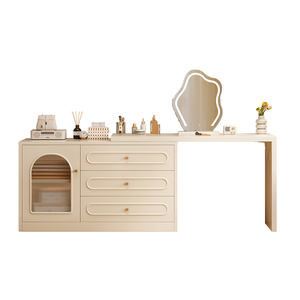 Solid Wood Dressing <b>Table</b> With Drawer Cream Color Lighted Mirror Bedroom <b>Makeup</b> Vanity For Home Use - Product Image 5