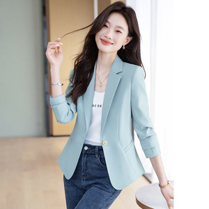 Blue Blazer For Women Solid Color Polyester No-Wrinkle Treatment Spring Autumn Style Petite Fit - Product Image 1