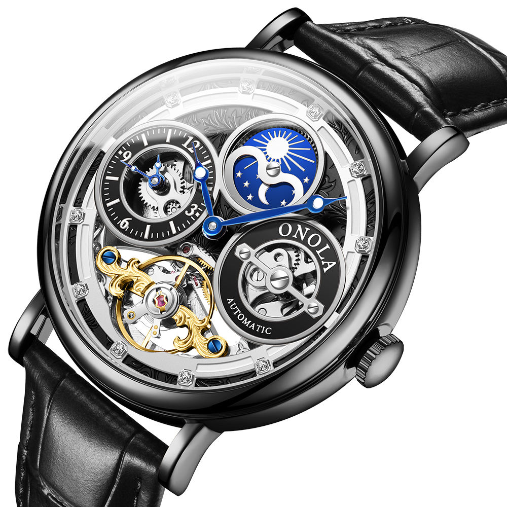 ONOLA 6837 Brand Mechanical Watches Automatic Watch for Men Tourbillon  Leather Strap Moon Phase Waterproof Multi Watch Men