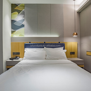 Hotel Double Twin <b>Bed</b> Custom King <b>Queen</b> <b>Size</b> Low Cost Wood <b>Bed</b> <b>Frame</b> with Headboard & Integrated Nightstand for Budget Hotels - Product Image 3