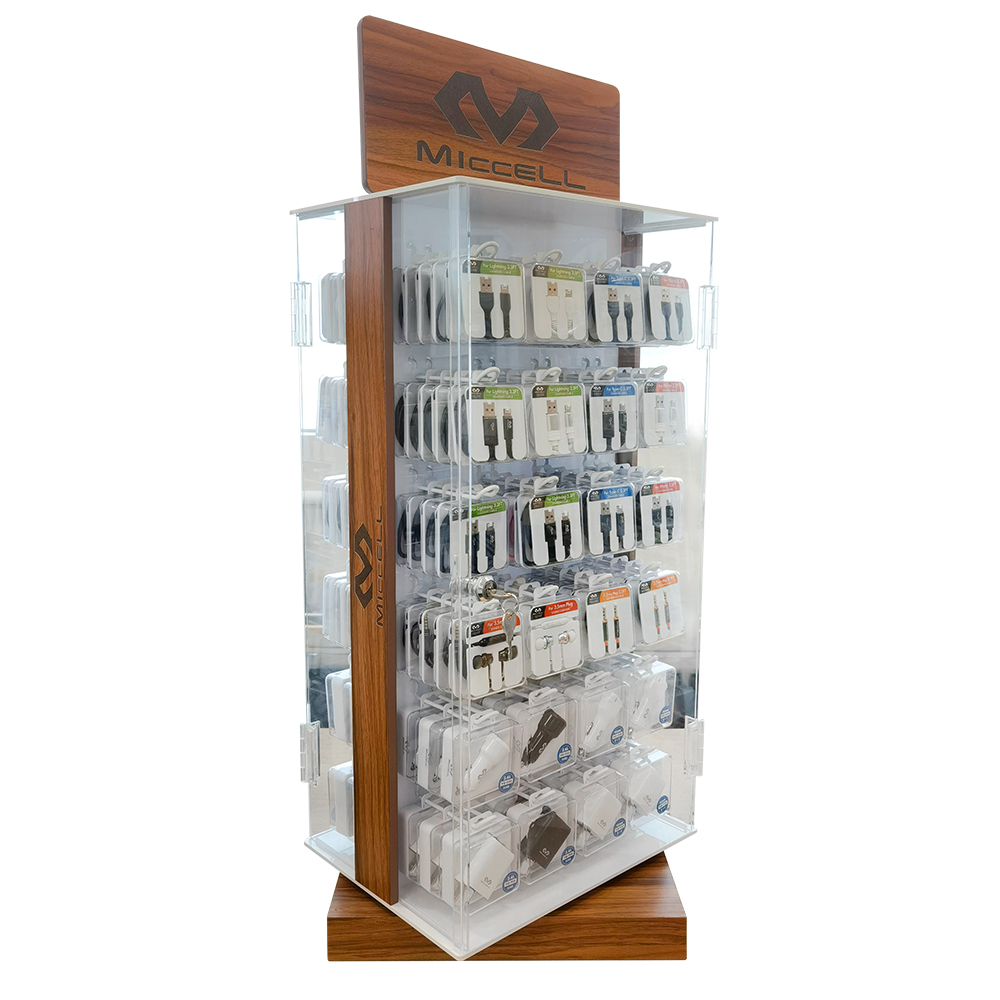 MICCELL стеллажи для мобильных телефонов, Аксессуары для мобильных телефонов, деревянный вращающийся на 360 градусов, светодио дный дисплей, зарядное устройство, usb кабели, наушники, выставочный стенд
