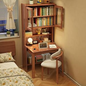 Escritorio plegable de madera maciza y estantería combinados para el hogar, oficina, estudio, apartamento pequeño, estilo moderno y sencillo, madera de caucho - Product Image 3