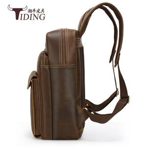 Tiding Men's <b>Backpack</b> Genuine <b>Leather</b> 20L Dark Brown <b>Large</b> Capacity Computer Bag Leisure Travel Soft Handle - Product Image 2