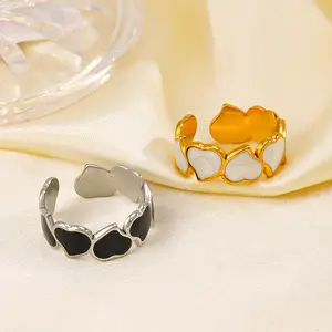 Hot Romantic Open Enamel Finger Rings 18K Gold Plated Stainless Steel Black White Oil Drip Joint Love Heart Rings