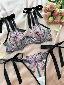 Sexy Butterfly Embroidery Lingerie Set Sheer Mesh Underwire <b>Bra</b> and Tie <b>Straps</b> Thong Set Women Lace Intimates 2 Piece Set - Product Image 3