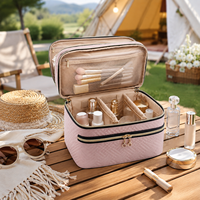Trousse de Maquillage de Luxe en Cuir PU Double Couche Grande Capacité, Étui de Voyage Marron pour Cosmétiques avec Poignée et Fermeture Éclair