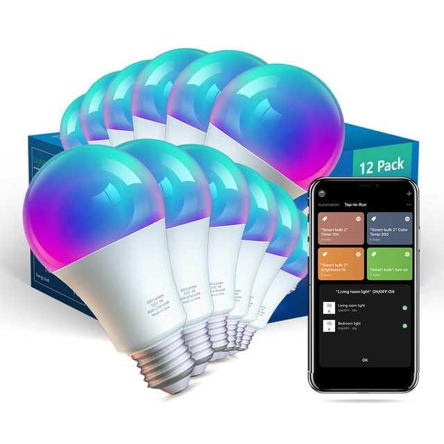 E26 A19 RGB 12 Pack 9W 800 LM Daybetter Wifi Blue Tooth Alexa Google Control Dimmable LED Light Smart Bulbs