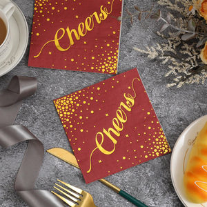 Red Square Paper Napkins 250mm Gold Embossed Cheers Design For Wedding Party Holiday Use - Product Image 2