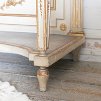 Table console en chêne massif blanc vieilli, style shabby chic, style campagne française, écologique, sculptée à la main, feuille d'or, pour salon et salle à manger