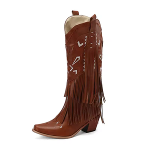 Bottes hautes de qualité supérieure pour femmes, bottes western en cuir marron et blanc, chaussures de fête et de mariage, bottes de cowboy pour l'extérieur. - Product Image 1
