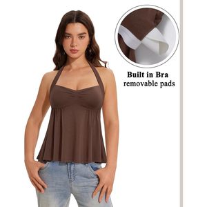 FOXA Peplum Halter Top pour femme avec soutien-gorge intégré, débardeur sans manches froncé, longueur normale, en tissu tricoté - Product Image 3