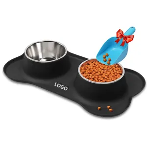 Food grade silicone material non-slip pet dog cat feeder drinking double bowl with two stainless steel food water bowl