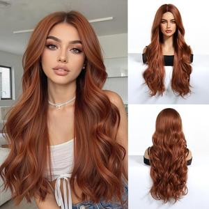 Peluca de Cabello Sintético Naranja de 28 Pulgadas, Fibra de Alta Temperatura, Ondas Sueltas y Ondas Corporales, Marrón Claro, Sin Pegamento, Gorra Ajustable - Product Image 1
