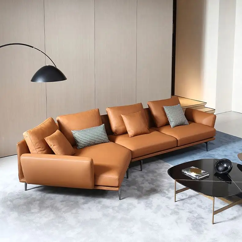 Conjunto de sofás de estilo italiano para sala de estar, combinação de sofá com lobby de hotel, pernas em aço inoxidável, sofá de couro laranja pode ser personalizado