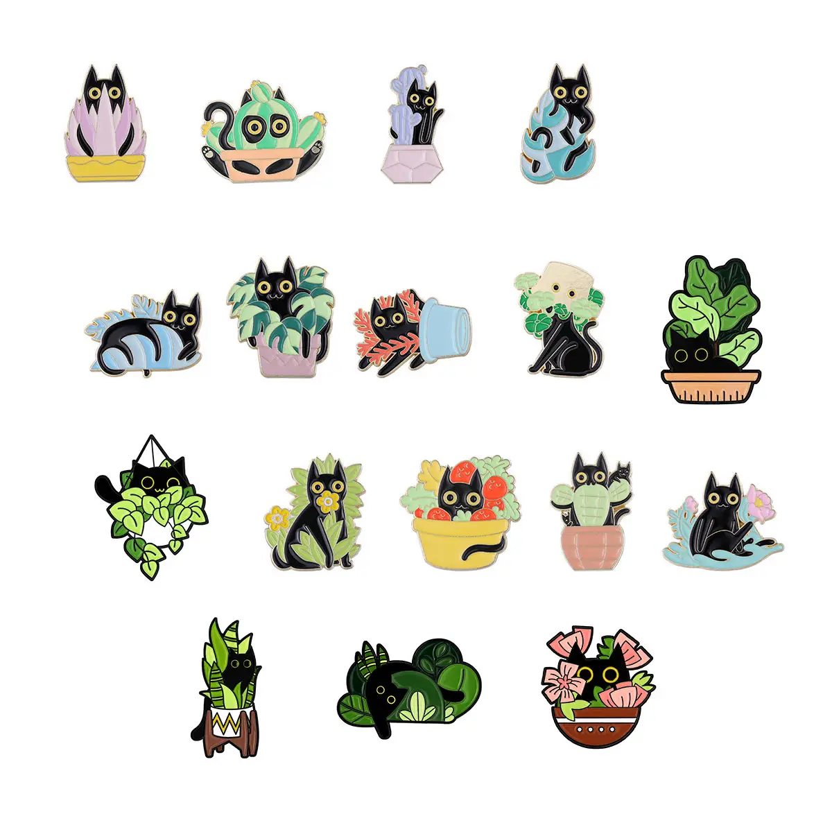 Broche en alliage d'émail pour vêtements et sacs de décoration, 18 styles de dessin animé plante verte chat noir Animal