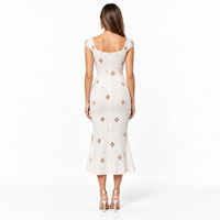 Robe midi décontractée en coton et lin brodée à œillets et découpes, col carré, coupe trapèze, pour femme, personnalisable OEM/ODM, marque privée, été