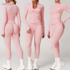 Spor ter emici ceket Yoga seti kadın giysileri fermuar uzun kollu üst Yoga tayt koşu 2 adet spor salonu seti - Product Image 1