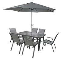 Ensemble de meubles de jardin avec chaises empilables respirantes, table en verre trempé et trou pour parasol
