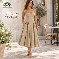 Robe Midi sans Manches pour Femme, Coupe Slim, Taille Haute, en Polyester, Style Club, Col Rond, Bretelles, Élégante, Vintage, Couleur Unie, Collection Automne