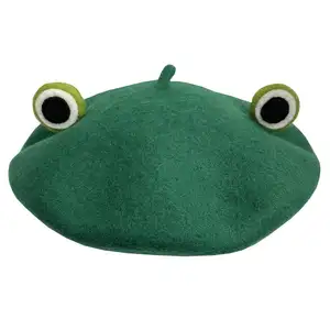 Cute Frog Big Eye Wool Beret Girls Women Painter Hat Cartoon Novelty Gift Green Handmade French Berets