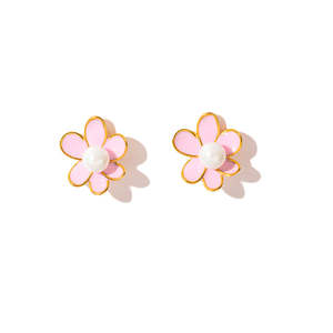Fashion Stud Earrings Pink <b>Flower</b> Pearl Center Gold Plated 316L Stainless Steel Sustainable Resistant Design - Product Image 1