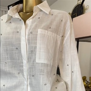 <span class=keywords><strong>Ensemble</strong></span> deux pièces d'été décontracté pour <span class=keywords><strong>femme</strong></span> : chemise unie à col rabattu clouté et manches longues ajustables, et short à taille élastique - Product Image 6