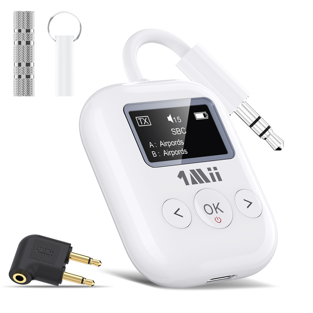 1Mii Bluetooth 5.2 Adapter 3.5mm AUX Bluetooth Transceiver 25 Hour Wireless Audio Transmitter and Receiver for Airplane Car TV