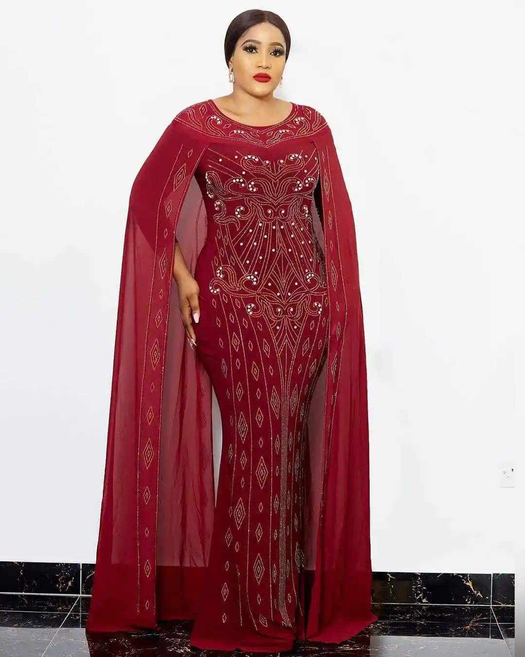 Wholesale South African Engagement And Bridesmaid bead Diamond Red Chiffon Abaya Women's Clothing Formal Wedding Evening Dresses