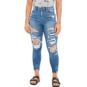 2025 femmes décontracté Vintage Style Stretch grande taille taille haute jean moulant coupe ajustée genou déchiré Denim tissu respirant - Product Image 2