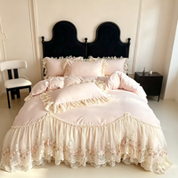 Ensemble de literie romantique, housse de couette brodée de fleurs, jupe de lit en dentelle à volants, plusieurs tailles disponibles, personnalisable pour la chambre à coucher