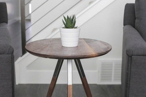 Handmade Wood Living Room Furniture Walnut & Steel Accent <b>Table</b> Handcrafted Mid Century Round End <b>Table</b> Modern - Product Image 3
