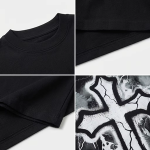 T-shirt en coton épais pour <span class=keywords><strong>homme</strong></span>, streetwear, coupe oversize, imprimé graphique vintage, motif croix graffiti noir, épaules tombantes, unisexe - Product Image 4