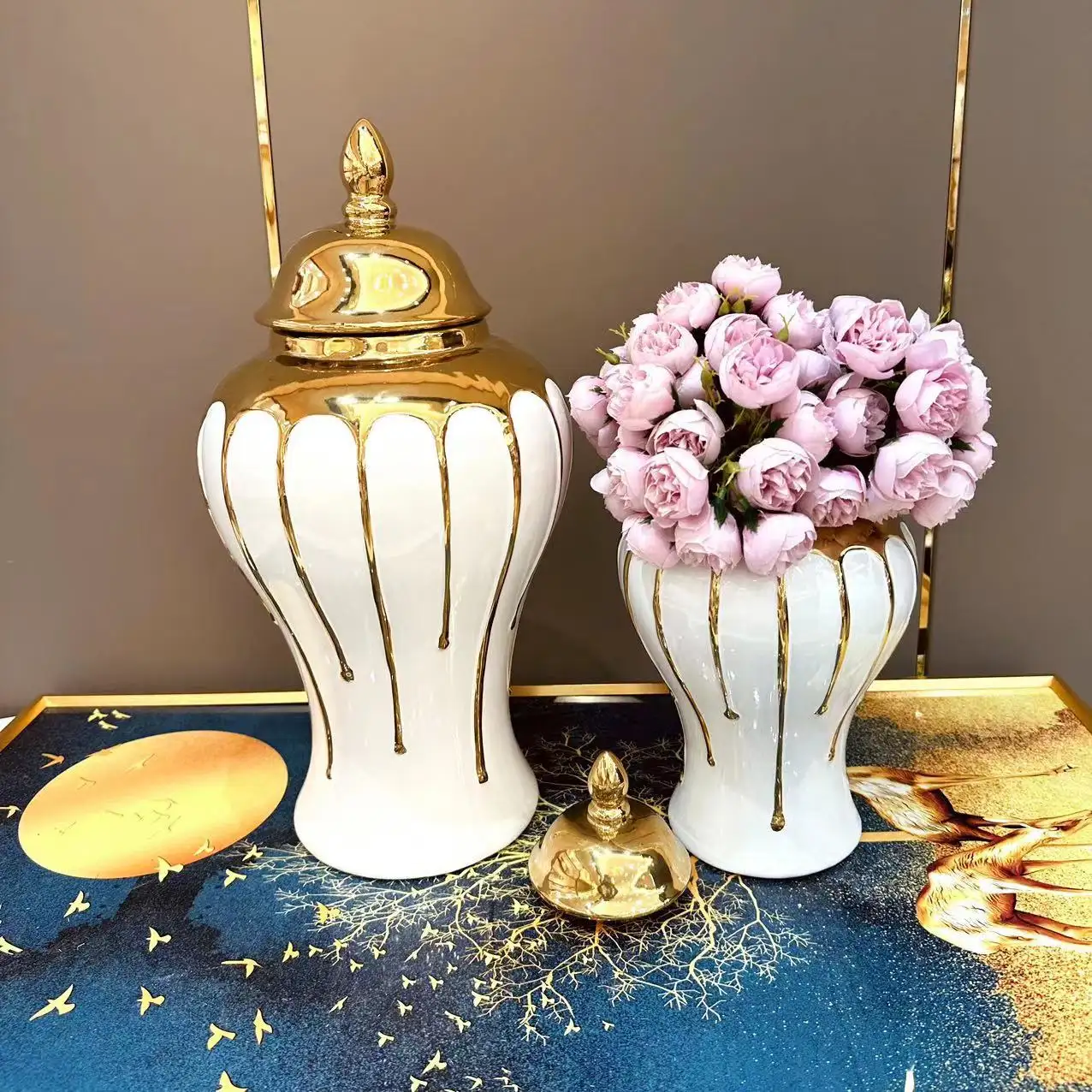 Vase en céramique Ensemble de 2 vases pour fleurs Maison pour décoration intérieure vase en or