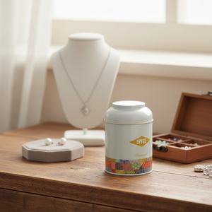 กล่องดีบุกทรงกลมลายปะต่อพื้นหลังสีเขียว0.5L Ø90x90มม. พร้อมฝาโดมสำหรับเก็บเครื่องประดับ - Product Image 3