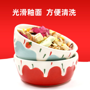 Cuenco de cerámica con forma de fresa para hámster, plato de alimentación para mascotas, diseño de frutas en rojo y azul, forma redonda, resistente y antideslizante. - Product Image 4
