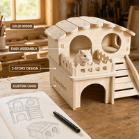 Maisonnette pour petits animaux en bois naturel, design à deux niveaux avec balcon, toit festonné, rampe courbe, montage facile, mobilier de cage pour hamster et gerbille
