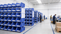 Boîte de rangement modulaire empilable INORDER pour rayonnage d'entrepôt, bac de préhension ouvert avec fente pour étiquette, bleu