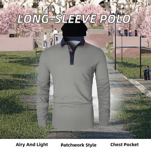 Spring and Autumn Breathable Casual Long-Sleeved Men's for <b>Shirt</b> Simple Style Lapel Collar <b>Patchwork</b> Top with Pocket - Product Image 2