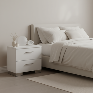 Comodino Bianco Lorimar con 2 Cassetti e Gambe Cromate, Arredamento Moderno per Camera da Letto - Product Image 2